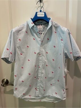 Light Blue Stripe Button-Down Shirt with Red Flamingo prints